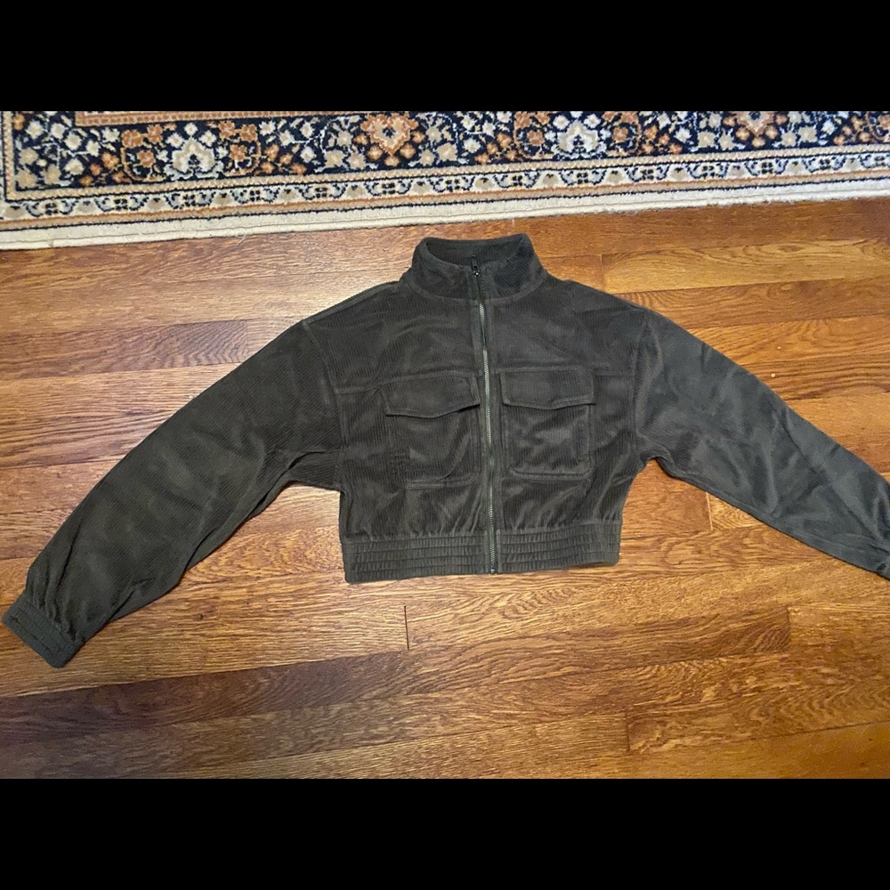 Aerie Green Corduroy Cropped Bomber Jacket